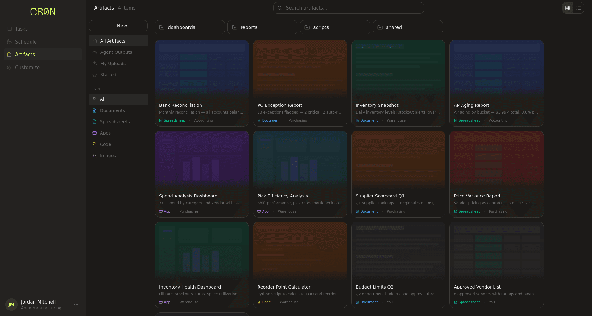 Artifacts library showing dashboards, reports, spreadsheets, and code generated by agents